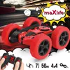 A red remote-controlled car with large red wheels is shown on a race track. A remote control is in the lower left corner. Text overlays and comic-style graphics are present. Produktbild-Vorschau