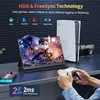 A portable monitor is displayed on a desk, connected to a gaming console, with a person holding a controller. Produktbild-Vorschau