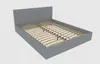 A grey upholstered bed frame with wooden slats is shown against a plain light grey background. Produktbild-Vorschau