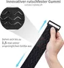 A hand is holding a black strap with a buckle, demonstrating its elasticity and grip. Produktbild-Vorschau