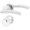 A set of stainless steel door handles with round rosettes, one with a keyhole, on a white background. Produktbild-Vorschau