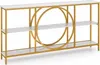A three-tiered console table with a white marble-look top and shelves, supported by a gold metal frame. The table features a large decorative gold circle in the center. Náhľad obrázku produktu