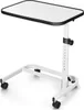 A white adjustable height rolling table with a black-edged white top, shown on a white background. Produktbild-Vorschau