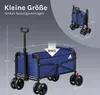 A blue foldable wagon with dimensions and weight capacity indicated, and a smaller folded version shown in the upper right corner. Produktbild-Vorschau
