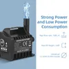 A close-up of a black submersible pump with water spraying from the top, next to marketing text and icons describing its features. Produktbild-Vorschau