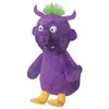 A plush toy of a purple monster with green hair and yellow feet, sitting against a white background. Produktbild-Vorschau