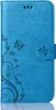 A blue flip case for a smartphone with a floral and butterfly design. Produktbild-Vorschau