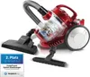 A red cyclonic vacuum cleaner with accessories and a rating badge. Produktbild-Vorschau