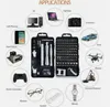 A collage of images showing a tool kit and various electronic devices and objects it can be used to repair. Produktbild-Vorschau