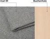 A split image showing a close-up of grey fabric texture on the left and a light wood grain texture on the right, with labels indicating "Inari 91" and "Buchenholz". Podgląd zdjęcia produktu