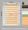 Diagram showing the dimensions and fabric width of a roller blind, with a color swatch of available options. Produktbild-Vorschau