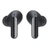 A pair of black wireless earbuds with silver accents against a white background. Produktbild-Vorschau
