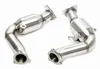 Two stainless steel exhaust downpipes with catalytic converters, presented on a white background. Produktbild-Vorschau
