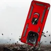A red phone case with a ring holder is shown in a dynamic, action-oriented scene, with debris flying around it, suggesting durability and protection. Produktbild-Vorschau