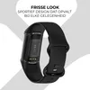 A black fitness tracker band is shown with marketing text overlay. Produktbild-Vorschau