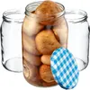 Three glass jars, one filled with brown items, and a blue and white checkered lid. Produktbild-Vorschau