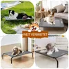 Collage of four images showing dogs on elevated pet beds in different settings, with a promotional overlay. Produktbild-Vorschau