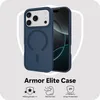 A dark blue iPhone case is shown with a phone inside, set against a light gray background with a shield graphic. Below the case, there are icons and text describing its features. Produktbild-Vorschau