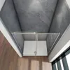 A modern shower enclosure with a sliding door, set against tiled walls and a wooden floor. Produktbild-Vorschau