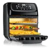 A black air fryer oven with three racks filled with food, including pizza, vegetables, and french fries. The oven is open, showing the interior illuminated by warm light. The control panel at the top displays digital readouts and icons. Produktbild-Vorschau