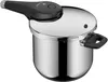 A close-up studio shot of a stainless steel pressure cooker with a black handle and lid. Produktbild-Vorschau