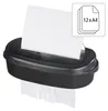 A black paper shredder with white paper being fed into it and shredded paper coming out the bottom. A small graphic overlay indicates the shredder's capacity. Produktbild-Vorschau