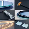 A collage of images showing components and details of an LED mirror. Produktbild-Vorschau
