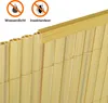 Close-up of a beige fence panel with a yellow top trim, showing icons and text indicating water and insect resistance. Produktbild-Vorschau