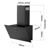 A technical drawing of a black range hood with dimensions indicated. Voir les images du produit