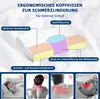 Diagram of an ergonomic pillow with labels and illustrations of people experiencing pain. Produktbild-Vorschau