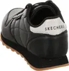 A rear view of a black Skechers sports shoe with a silver heel tab and a brown sole. Produktbild-Vorschau
