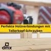 A close-up of a power tool driving a screw into wood, with text overlay and a logo. Produktbild-Vorschau
