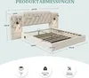 A diagram showing the dimensions of a bed frame, with additional icons at the bottom indicating package details, maximum weight, and ease of assembly. Produktbild-Vorschau