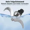 A close-up of a food processor blade partially submerged in water, with German text overlays. Produktbild-Vorschau