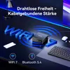 A GEEKOM mini PC is shown on a desk with a smartphone, keyboard, and wireless earbuds, with stylized 'WIFI' and '7' graphics. Produktbild-Vorschau
