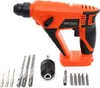 An orange and black cordless hammer drill with various drill bits and a chuck attachment, displayed on a white background. Podgląd zdjęcia produktu