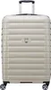A studio shot of a cream-colored Delsey Paris suitcase.