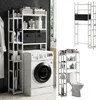 A collage of images showing a white shelving unit designed to fit over a washing machine or toilet, with various bathroom and laundry items displayed. Náhled obrázku produktu