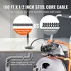 A drain cleaning machine is shown with a close-up of its cable and motor, comparing two types of cables and illustrating its ability to navigate pipes. Náhľad obrázku produktu