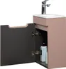 A bathroom vanity set with an open cabinet door, showing a soap dispenser inside. Voir les images du produit