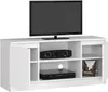 A white TV stand with a television on top, and electronic devices and a magazine inside. Produktbild-Vorschau