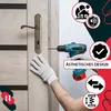 A person is installing a door handle on a wooden door with a drill, surrounded by marketing graphics. Podgląd zdjęcia produktu