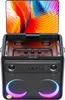 A black portable speaker with a screen displaying colorful abstract art. Náhľad obrázku produktu