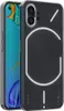 A transparent phone case with a black textured back is shown on a white background, with a phone partially visible inside. Produktbild-Vorschau