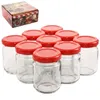 A set of nine small glass jars with red lids, arranged in a cluster, with a decorative box in the background. Anteprima dell’immagine prodotto