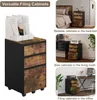 A collage showcasing a filing cabinet in different room settings: bedroom, living room, and office. Produktbild-Vorschau