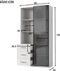 A diagram showing the dimensions of a cabinet with shelves and drawers, and a glass door. Voir les images du produit