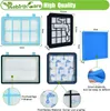 A collage of vacuum cleaner filters with dimensions and feature callouts. Produktbild-Vorschau
