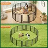 A collage showing a dog playpen used indoors and outdoors with dogs. Produktbild-Vorschau