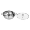 A stainless steel hot pot with a divider and a glass lid are shown on a white background. Náhled obrázku produktu